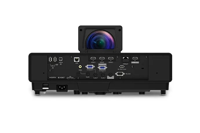 Bảng điều khiển và cụm cổng kết nối phong phú của Epson EB-805F Cận cảnh bảng điều khiển và cổng kết nối máy chiếu Epson EB-805F