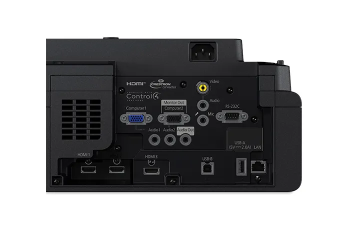 Cổng kết nối phong phú phía sau máy chiếu Epson EB-775F Mặt sau máy chiếu Epson EB-775F với các cổng kết nối HDMI, USB, LAN