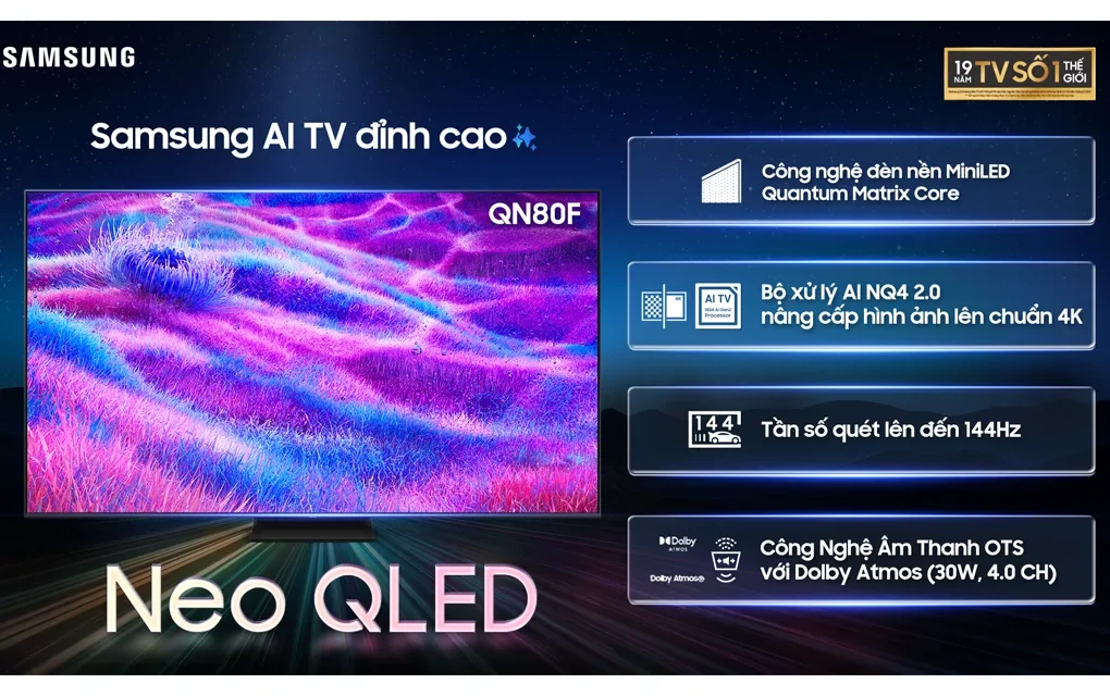 Tivi Samsung QA55QN80F bộ xử lý NQ4 AI Gen2, âm thanh OTS Lite + Dolby Atmos