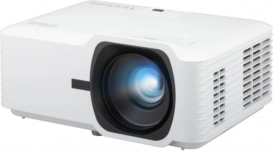 Máy chiếu ViewSonic LS740W Laser WXGA 5000 ANSI Lumens - góc nghiêng trái, ống kính laser đang chiếu