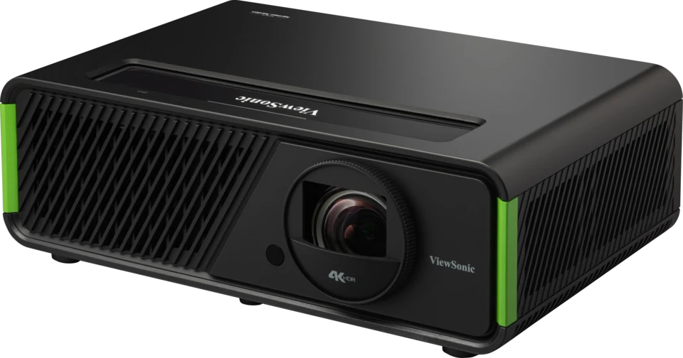 Máy chiếu ViewSonic X2-4K PRO 4K UHD chiếu gần - góc nghiêng trái, thân đen viền xanh Xbox