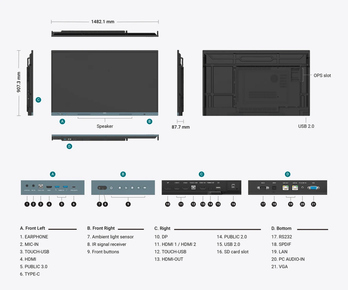 Màn hình tương tác BenQ Board RE6504FV2 65 inch 4K UHD Android 14 EDLA camera tích hợp chính diện