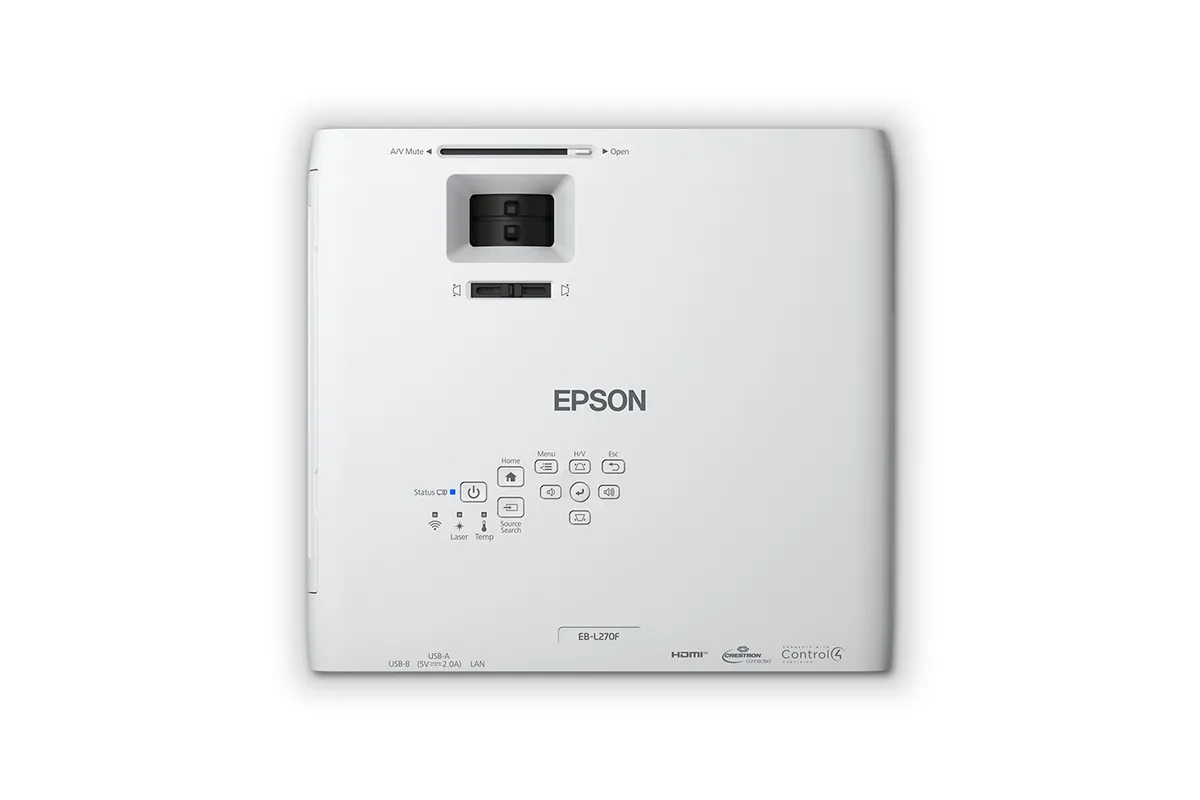 Bảng điều khiển trên thân máy chiếu Epson EB-L270F Máy chiếu Epson EB-L270F nhìn từ trên xuống bảng điều khiển