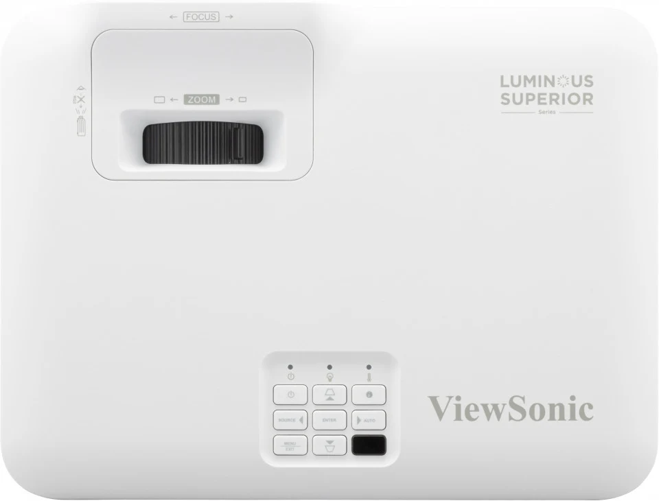 Mặt trên máy chiếu ViewSonic LS740W - vòng chỉnh zoom/focus quang học và bảng điều khiển