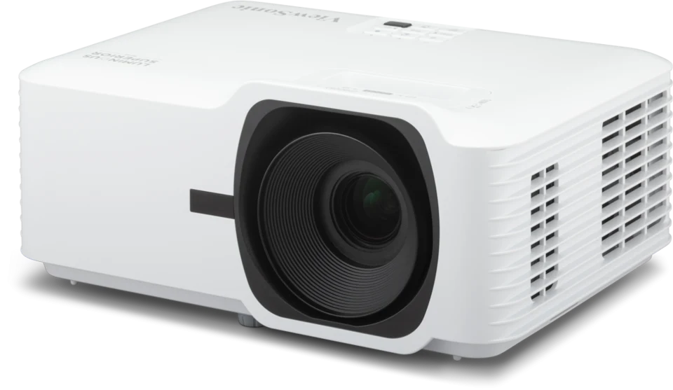 Máy chiếu ViewSonic LSD400HD Laser Full HD - góc nghiêng trái, ống kính laser, thân máy trắng