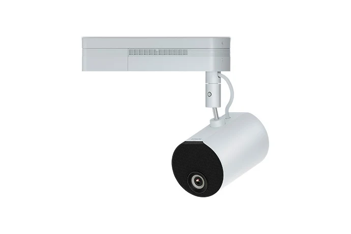 Máy chiếu Epson LightScene EV-100 góc nghiêng trái - đầu chiếu trụ tròn trên tay gắn ray đèn
