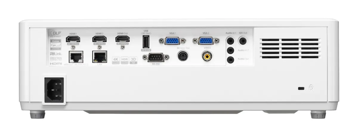 Cụm cổng kết nối phía sau máy chiếu Optoma ZU707T Mặt sau máy chiếu Optoma ZU707T với cổng HDMI, HDBaseT, LAN, VGA