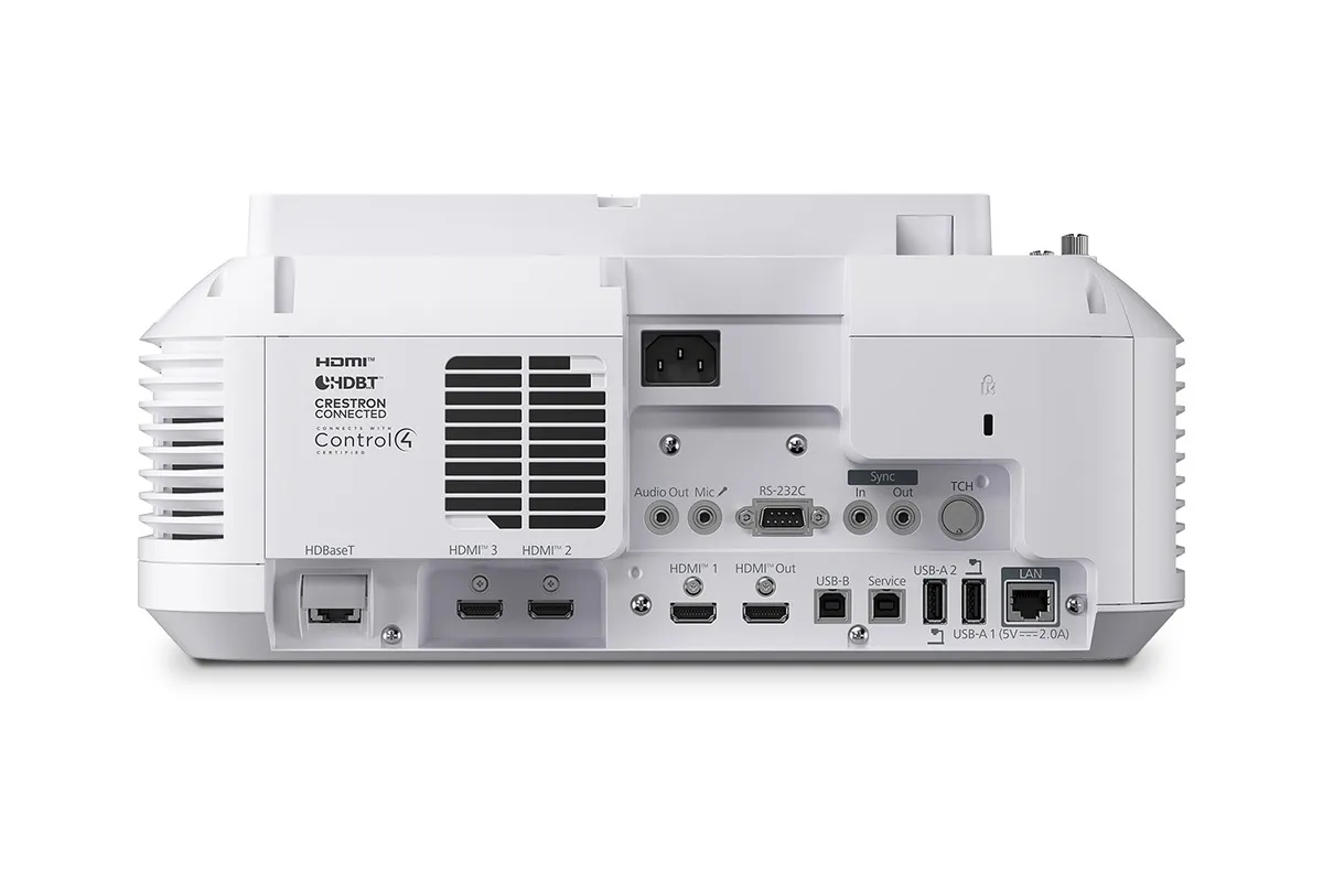Epson EB-870Ei - hệ thống cổng kết nối và control box HDBaseT có USB-C Cổng kết nối máy chiếu Epson EB-870Ei nhìn từ phía sau