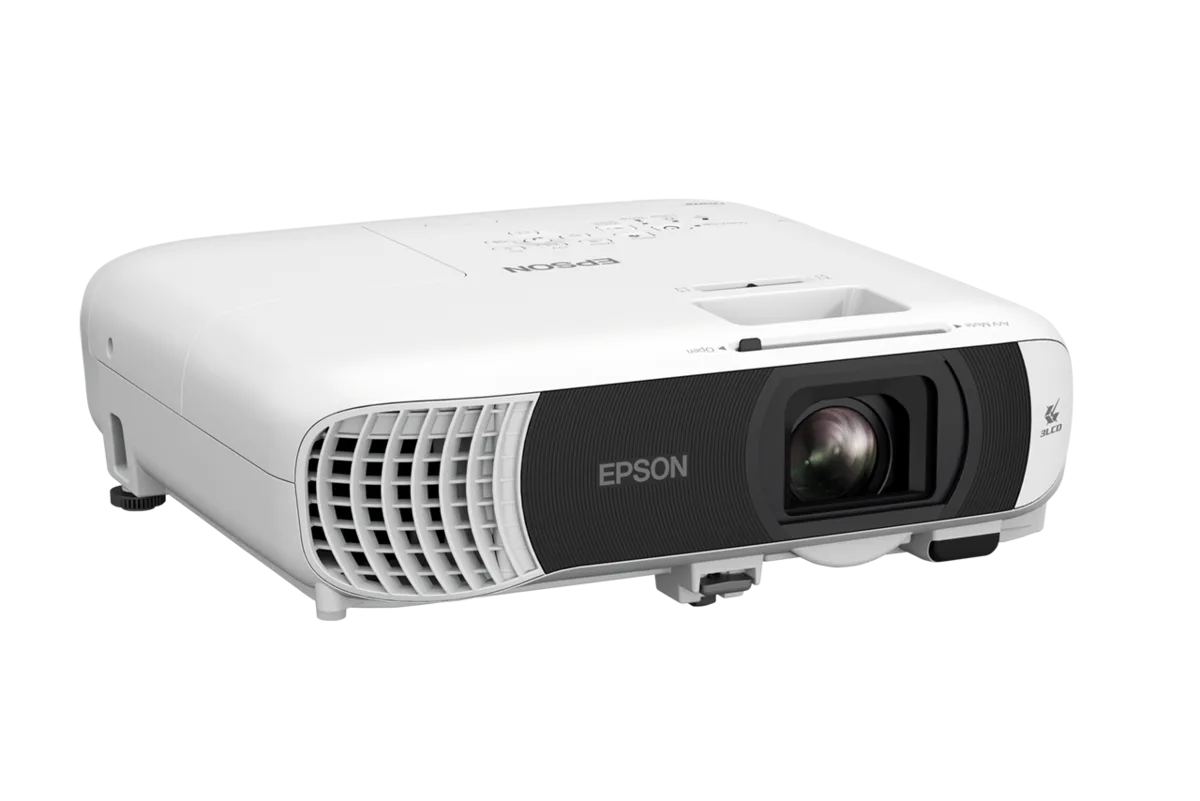 Epson EB-FH54 nhìn từ trên với bảng điều khiển và ống kính zoom