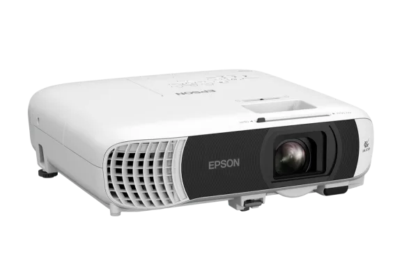 Epson EB-FH54 nhìn từ trên với bảng điều khiển và ống kính zoom