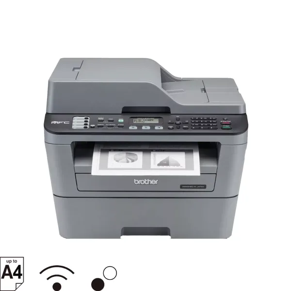 Máy in laser Brother MFC-L2701DW mặt trước với ADF và Wi-Fi