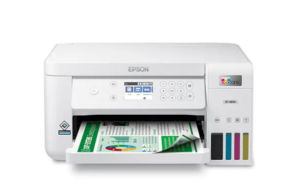 Epson ET-3830 đang in tài liệu màu sắc nét với khay ra giấy mở