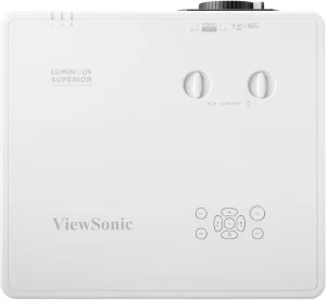Mặt trên máy chiếu ViewSonic LSC730WU - núm Lens Shift ngang/dọc, vòng zoom/focus, bảng điều khiển