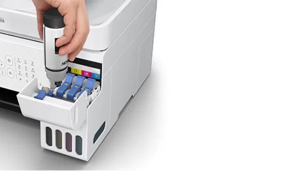 Epson L5296 góc nghiêng trái thiết kế nhỏ gọn màu trắng