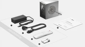 LG CineBeam Q HU710PB phụ kiện đi kèm - remote, adapter, sách hướng dẫn