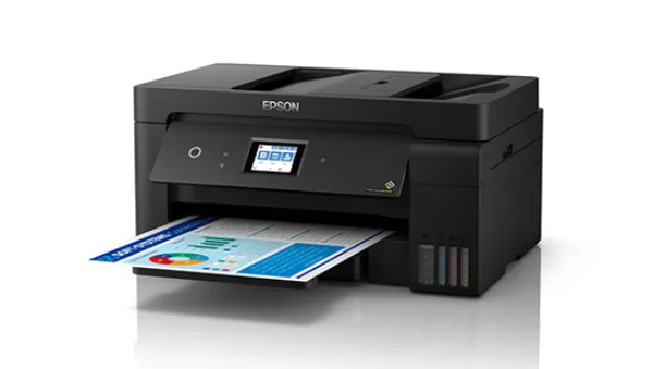 Epson L14150 góc nghiêng thể hiện ADF 35 tờ và khay nạp giấy A3+ phía sau