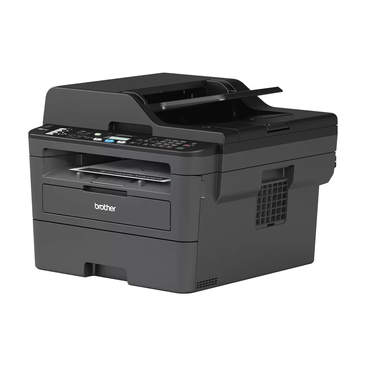 Brother MFC-L2715DW mặt bên với cổng USB, Ethernet và Wi-Fi