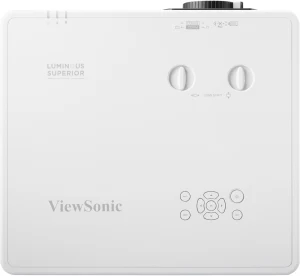 Mặt trên máy chiếu ViewSonic LSC700-4K - vòng zoom/focus, lens shift ngang & dọc, bảng điều khiển