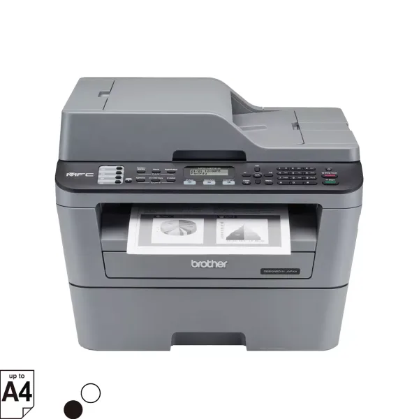 Brother MFC-L2701D góc nghiêng thể hiện ADF 35 tờ và bảng điều khiển