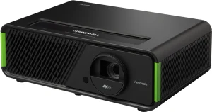 Máy chiếu ViewSonic X1-4K PRO 4K UHD LED góc nghiêng trái - thân đen điểm nhấn xanh Xbox, ống kính 4K HDR
