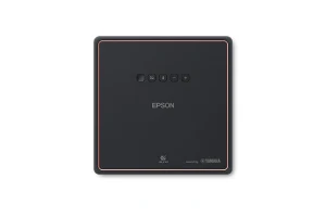 Mặt trên máy chiếu Epson EF-12 - logo 3LCD, sound by Yamaha, nút nguồn Bluetooth và chỉnh âm lượng