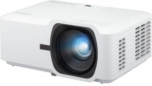 Máy chiếu ViewSonic LS740W Laser WXGA 5000 ANSI Lumens - góc nghiêng trái, ống kính laser đang chiếu