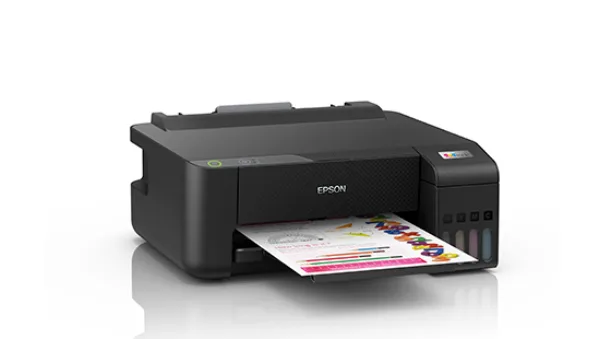 Máy in Epson L1210 góc nghiêng cho thấy hệ thống mực EcoTank bên trong