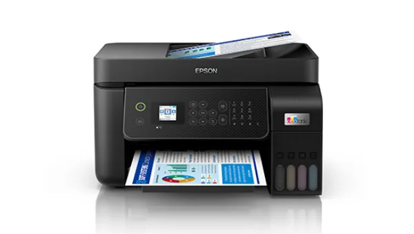 Epson L5290 góc nghiêng hiển thị khay ADF 30 tờ và bình mực EcoTank